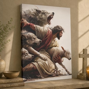 Jesus Protecting the Lamb Canvas Wall Art, Christian Religious Painting, Savior Defending Sheep from Wolves