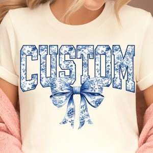 CUSTOM Blue Floral PNG | Personalized Toile Bow Digital Download for Sublimation Shirt