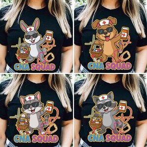CNA Squad png Cute Animal Bundle, Bunny Dog Cat Raccoon Nurse Sublimation, CNA Digital Download, Nurse Clipart png, CNA Life Shirt Design