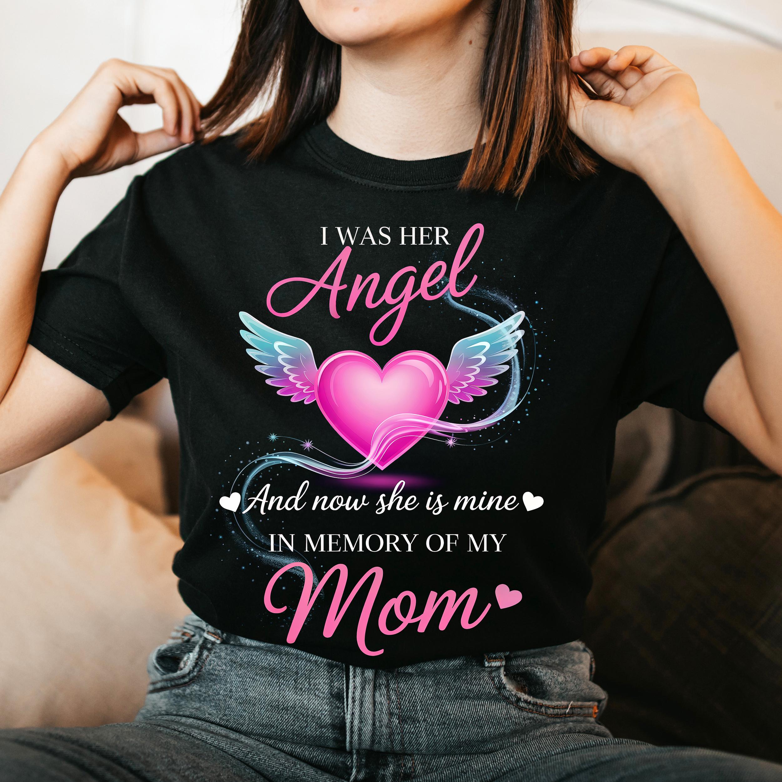 Memory of Mom PNG, Angel Heart Sublimation, I Was Her Angel Mom Design, Pink Wings Clipart, Memorial Shirt PNG, Grief Quote PNG