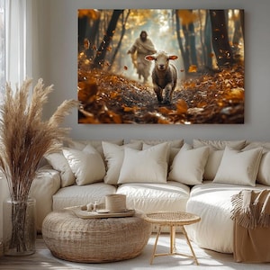 Jesus and Lost Sheep Canvas Wall Art, Christian Autumn Forest Painting, Good Shepherd Religious Home Decor