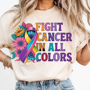 Design de camiseta Fight Cancer in All Colors, fita de arco-íris para conscientização sobre o câncer PNG, download digital Floral Survivor