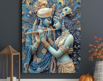 Radha Krishna Canvas Print: Hindu God Art with Peacock