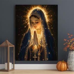 Virgin Mary Prayer Canvas, Glowing Holy Light Religious Wall Art, Blessed Mother Catholic Christian Home Decor