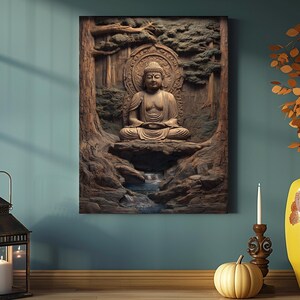 May include: A wooden wall art piece featuring a carved Buddha statue in a serene forest setting. The artwork showcases intricate details of the Buddha, trees, and a small waterfall, all in shades of brown and tan. The piece is framed and mounted on a teal wall.