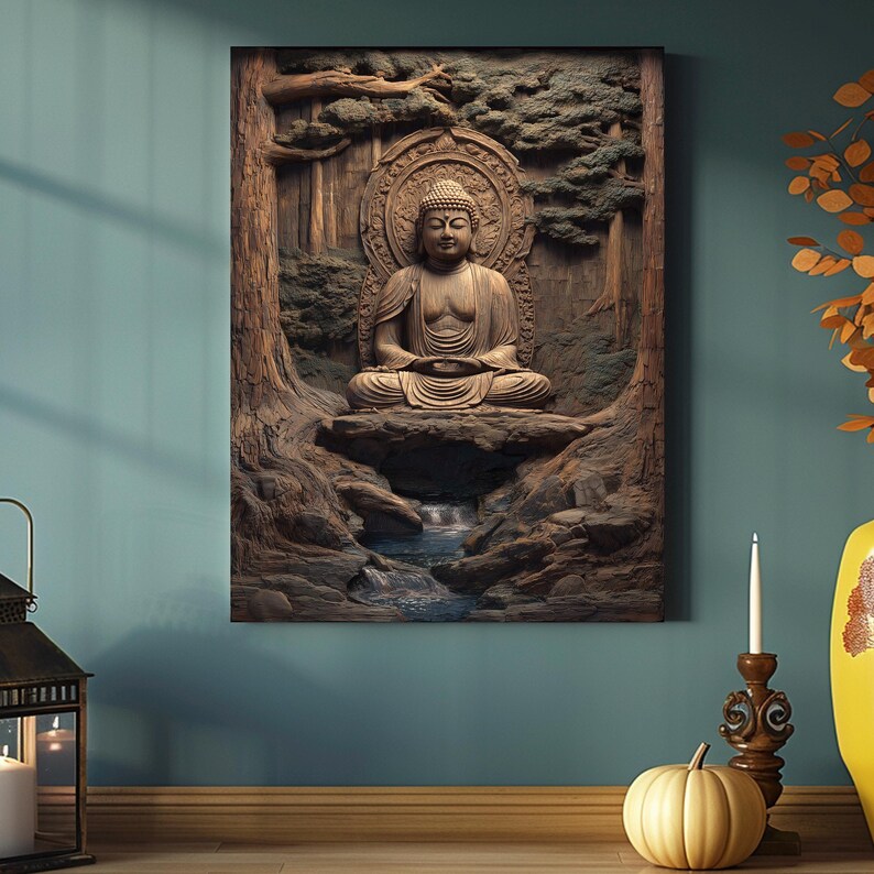 May include: A wooden wall art piece featuring a carved Buddha statue in a serene forest setting. The artwork showcases intricate details of the Buddha, trees, and a small waterfall, all in shades of brown and tan. The piece is framed and mounted on a teal wall.