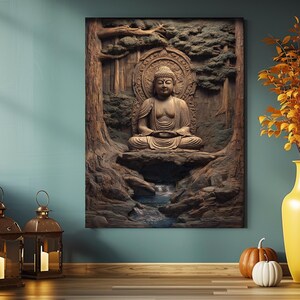 May include: A wooden relief carving of a seated Buddha in a forest setting. The artwork features intricate details of trees, a waterfall, and the serene figure of Buddha. The color palette is dominated by natural wood tones, with accents of green and blue.