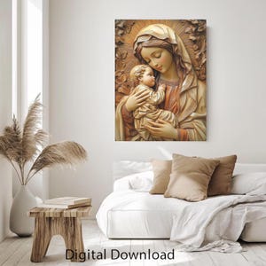 Jungfrau Maria und Jesuskind Wandkunst - Katholische Religiöse Digitaldruck - Christliche Wohnkultur - Heilige Mutter und Kind Leinwand