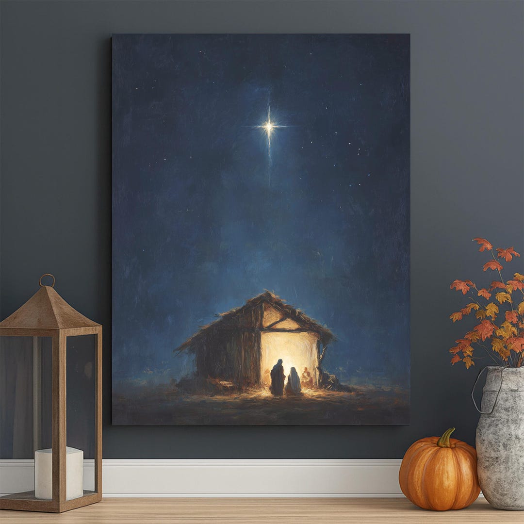 Holy Family Under Star Canvas – Nativity Scene Wall Art, Peaceful Night ...