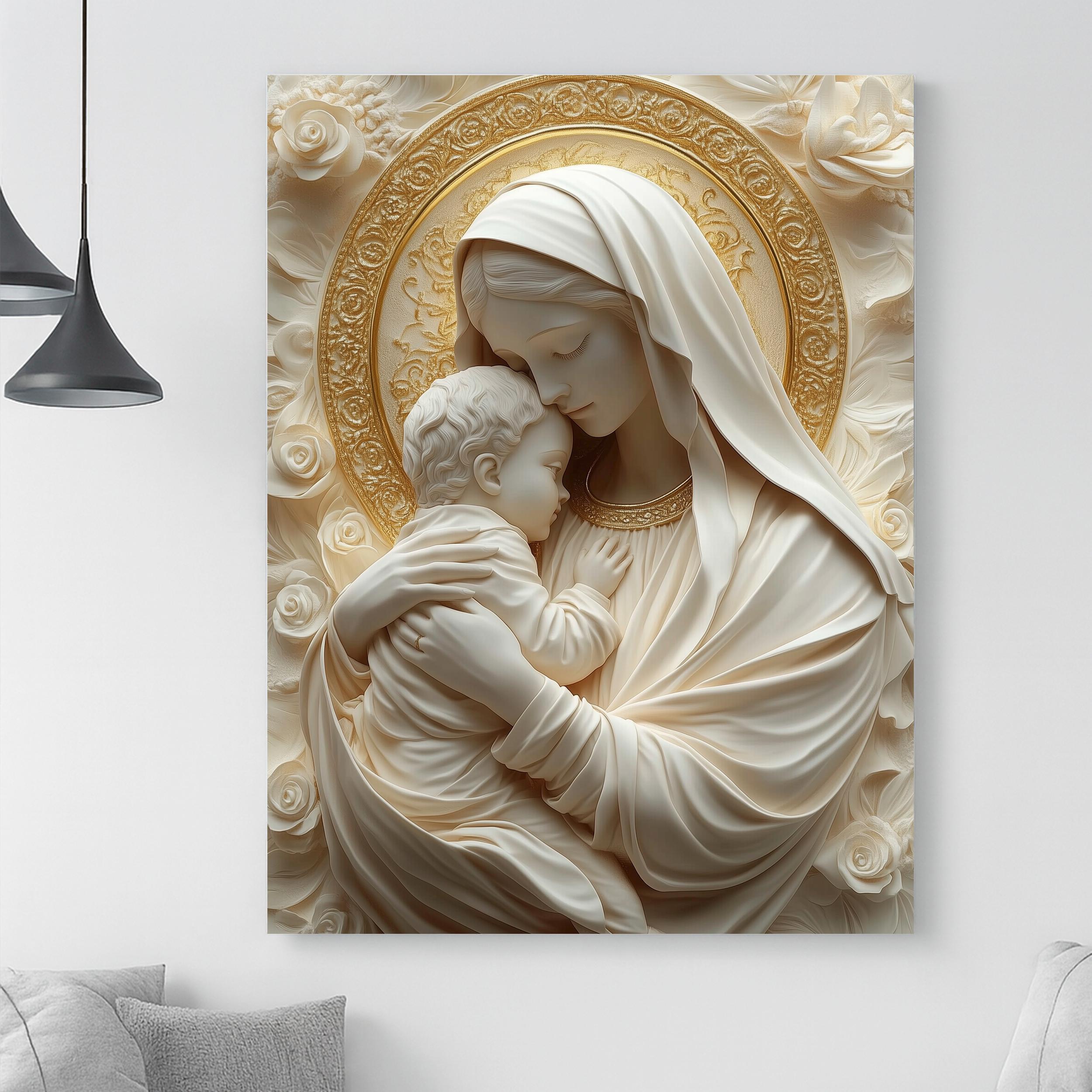 Virgin Mary and Baby Jesus Sculpture Wall Art – Catholic Religious ...