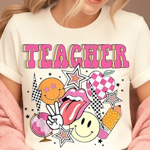 Retro Teacher PNG - Groovy Smiley Apple Pencil Clipart - Back to School Digital Design for Shirt