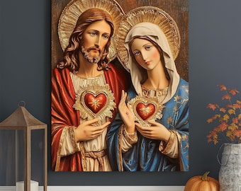Lienzo de los Sagrados Corazones de Jesús y María – Decoración católica para el hogar