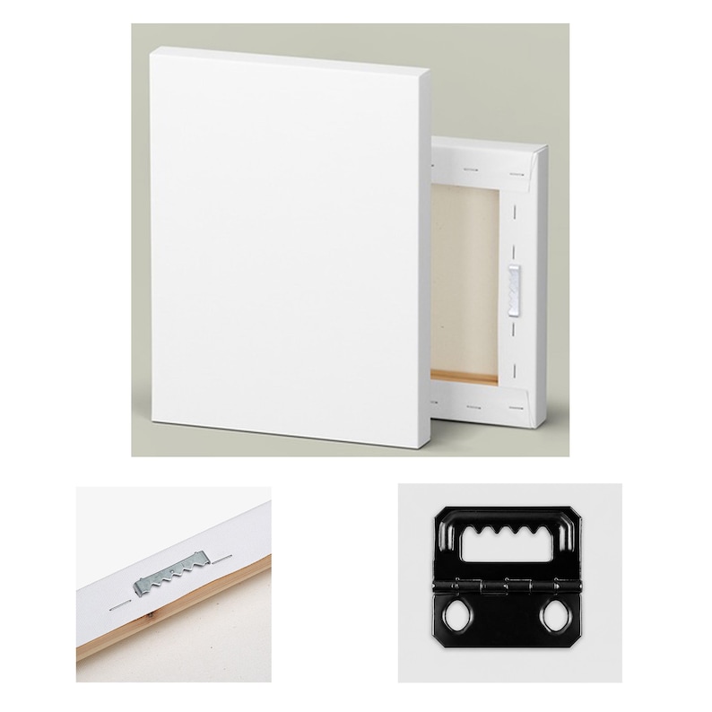 May include: White blank canvas stretched over a wooden frame, suitable for painting or art projects. The image shows the front, side, and back of the canvas, with close-ups of the hanging hardware. The canvas is ready for artwork.