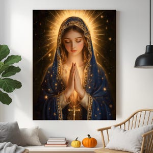 Virgin Mary Prayer Wall Art, Holy Light Catholic Canvas Print, Blessed Mother Christian Home Decor