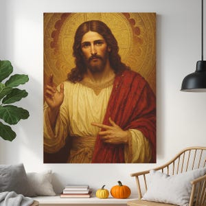Jesus Christ Blessing Canvas Wall Art, Sacred Christian Religious Painting, Spiritual Home Decor