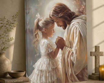 Jesus and Girl Prayer Canvas Print | Christian Wall Art, Religious Home Decor
