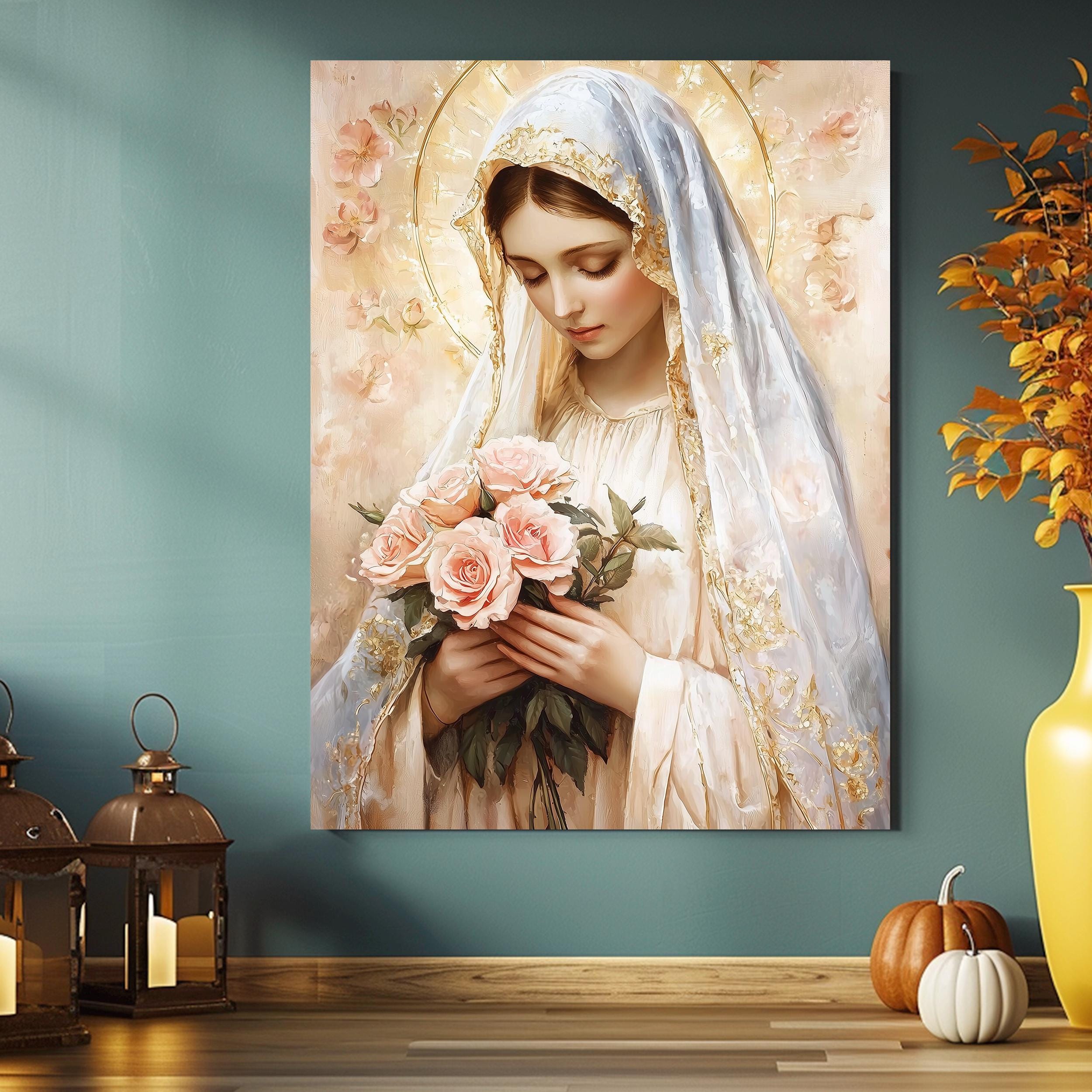 Virgin Mary With Roses Canvas Print | Catholic Art - Etsy