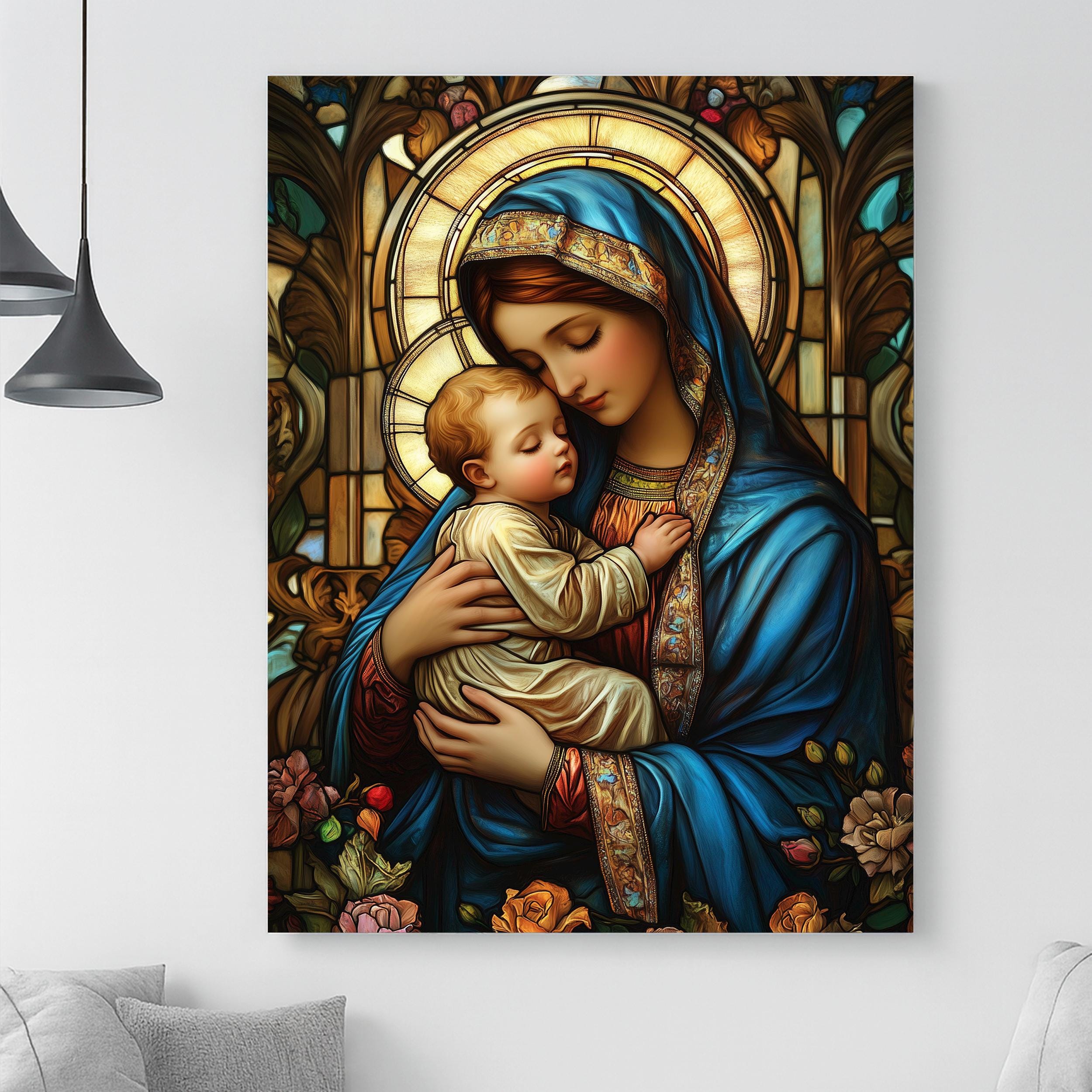 Virgin Mary and Baby Jesus Canvas Print, Stained Glass Style Catholic ...
