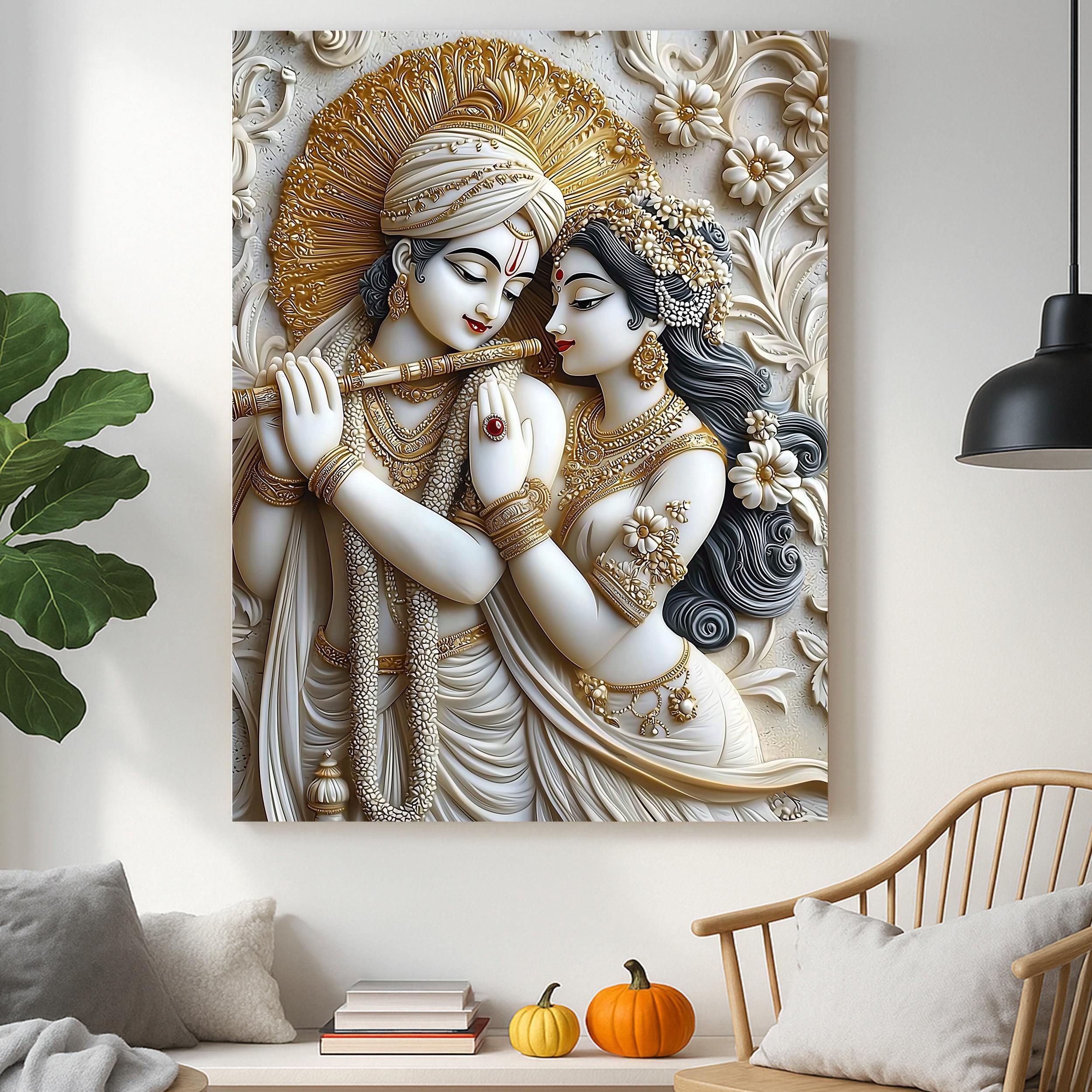 Radha Krishna Canvas Wall Art | Ivory Gold Hindu Painting | Indian ...