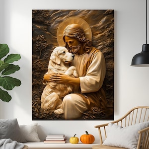Jesus with Dog Canvas – Christian Wall Art | Spiritual Faith and Love Religious Decor
