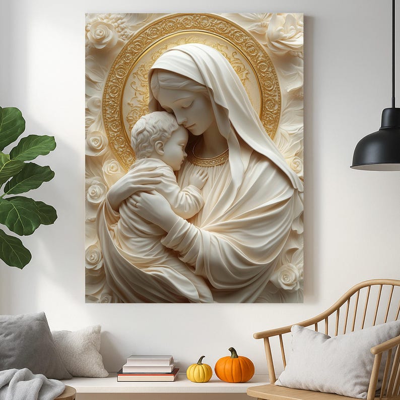 Virgin Mary and Baby Jesus Sculpture Wall Art – Catholic Religious ...