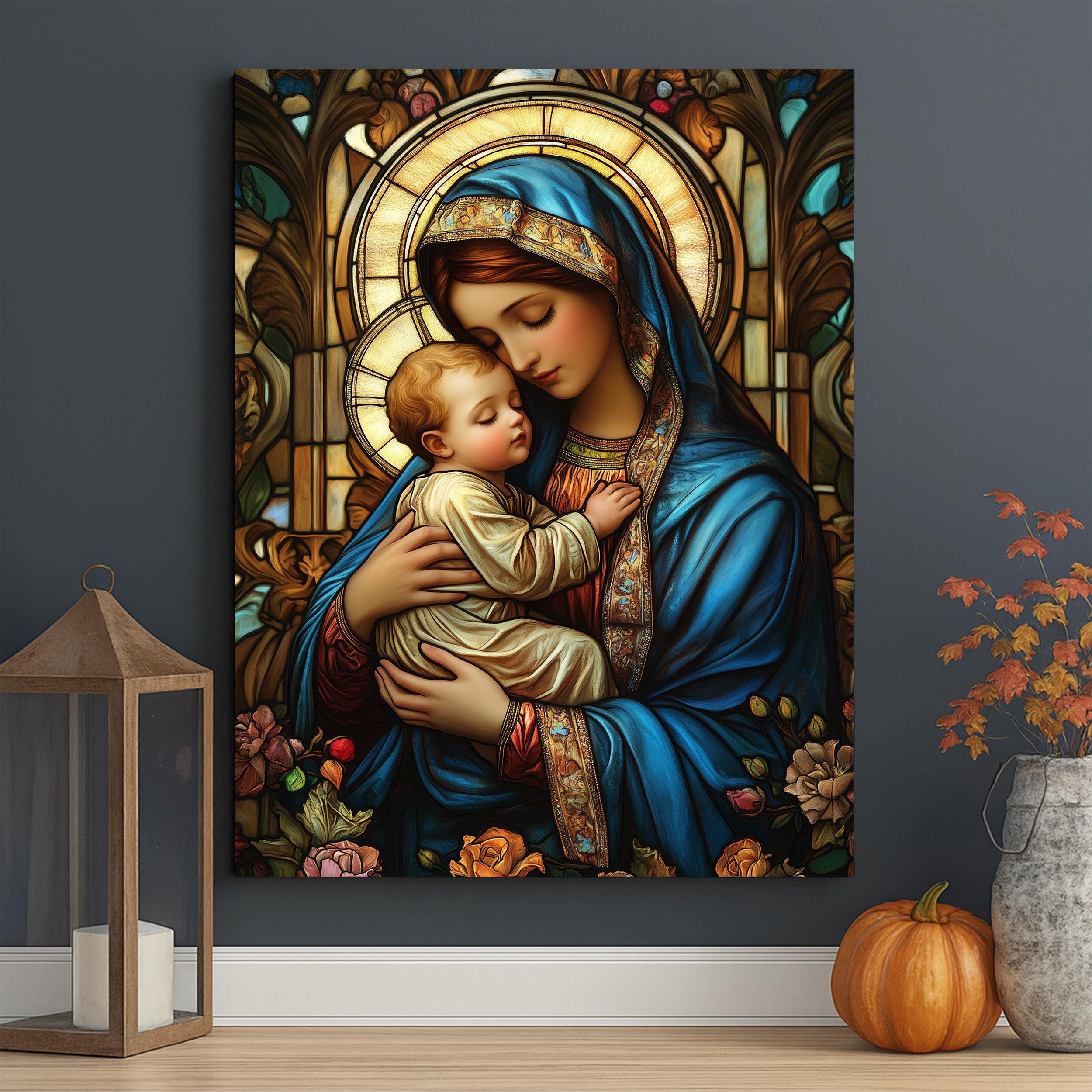 Virgin Mary and Baby Jesus Canvas Print, Stained Glass Style Catholic ...