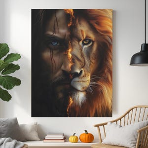 Lion of Judah Canvas Wall Art, Jesus and Lion Face Split Painting, Christian Prophecy Spiritual Home Decor