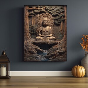 May include: A wooden relief carving of Buddha in a forest setting. The artwork features a seated Buddha figure with a serene expression, surrounded by trees and a small waterfall. The color palette is primarily brown and tan.