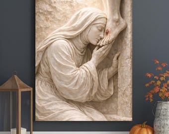 Jesus Mary Cross Fabric Wall Art, Christian Canvas Print, Catholic Religious Decor