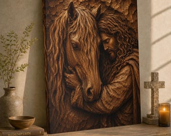 Jesus and Horse Canvas Print, Christian Wall Art, Faith Inspired Decor, Religious Artwork, Western Christian Gift, Wooden Carving Style