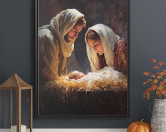 Holy Family Nativity Canvas – Christian Christmas Wall Art, Baby Jesus Print