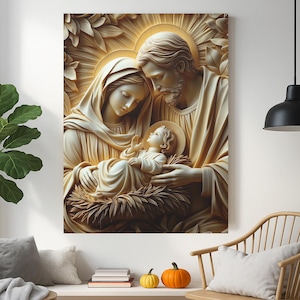 Holy Family Nativity Carved Style Canvas – Baby Jesus, Mary & Joseph – Catholic Christmas Wall Art – Christian Faith Decor