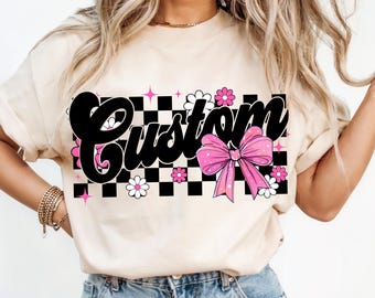 Custom PNG | Pink Bow Checkered Floral Sublimation Design | Editable Digital Download for Personalized Shirt