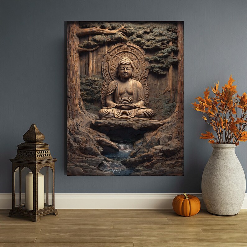 May include: A wooden wall art piece depicting a seated Buddha in a forest setting. The artwork features a detailed carving of the Buddha, surrounded by trees and a small waterfall. The color palette includes shades of brown, green, and blue.