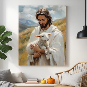 Jesus Holding Lamb Canvas Art | The Good Shepherd Christian Painting