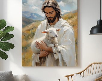Jesus Holding Lamb Canvas Art | The Good Shepherd Christian Painting