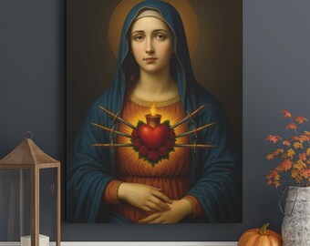May include: A religious portrait depicts a woman in a blue veil and robe, with a golden halo. Her chest features a heart pierced by swords, surrounded by roses, and a lit candle. The artwork is displayed on a wall.