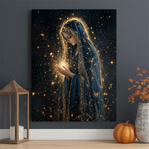 Virgin Mary Starry Night Canvas, Blessed Mother Spiritual Wall Art, Catholic Religious Painting, Christian Home Decor