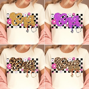 CNA png Checkerboard Bow, Floral CNA Sublimation Design, Cute Nurse png, Leopard Print CNA Shirt png, Stethoscope Digital Download for cna