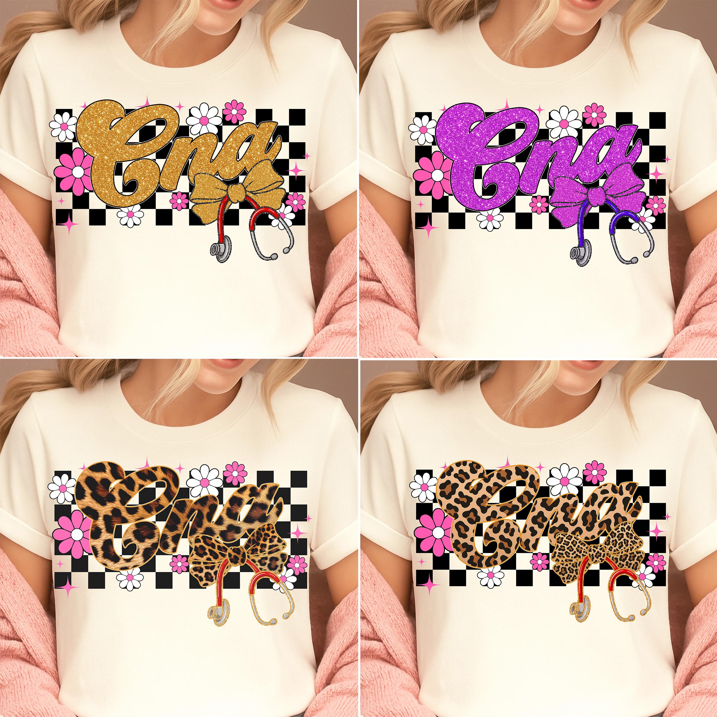CNA png Checkerboard Bow, CNA Sublimationsmuster mit Blumenmuster, niedliche Krankenschwester png, Leopardenmuster CNA Shirt png, Stethoskop Digital Download für CNA