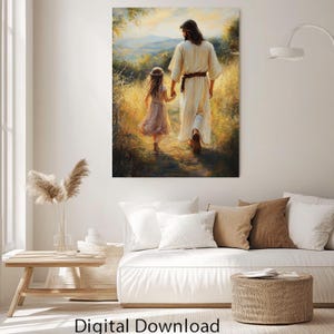 Jesus Walking with Child Canvas Wall Art - Christian Digital Download - Faith and Hope Decor