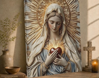 May include: A rectangular canvas print depicting a serene figure with closed eyes, wearing a draped head covering. The figure holds a glowing red heart at the center, surrounded by a large, ornate golden sunburst halo against a textured background.