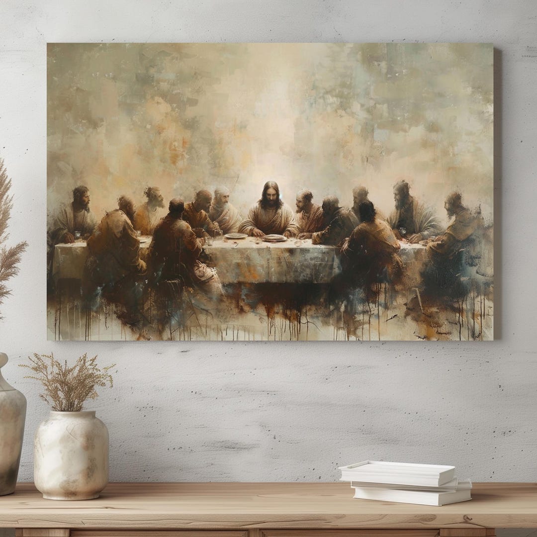 Last Supper Canvas Wall Art | Abstract Jesus and Apostles Painting ...