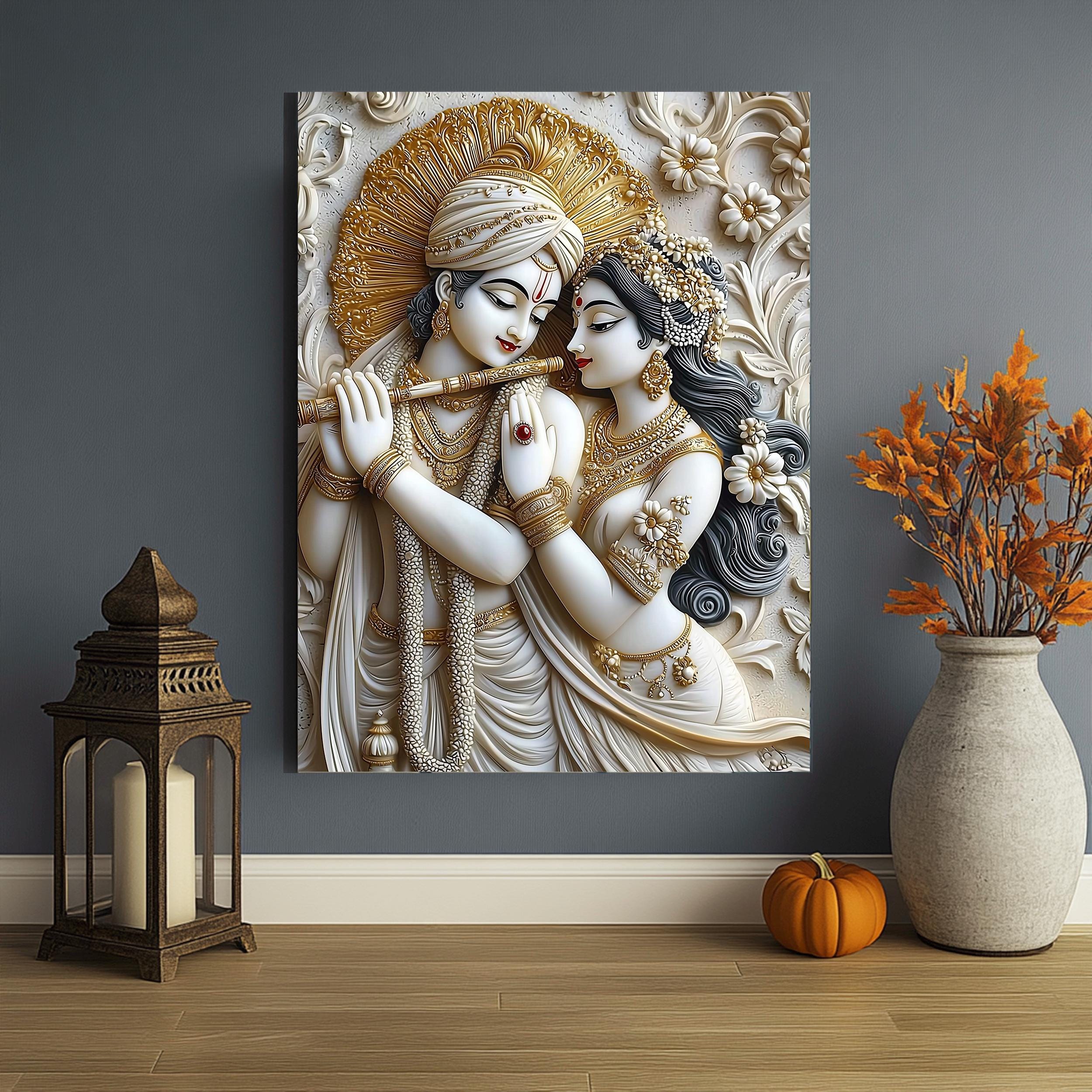 Radha Krishna Canvas Wall Art | Ivory Gold Hindu Painting | Indian ...