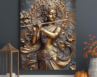 Lord Krishna Flute Canvas Art | Hindu God Spiritual Decor