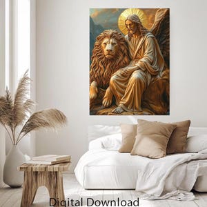 Jesus and Lion Canvas Print – Christian Wall Art, Faith-Based Decor, Religious Digital Download