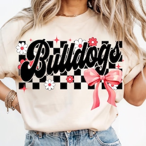 Coquette Bulldogs PNG, Cute Cheer Bow Clipart, Checkered Retro Spirit Wear Digital Download for Game Day Shirt