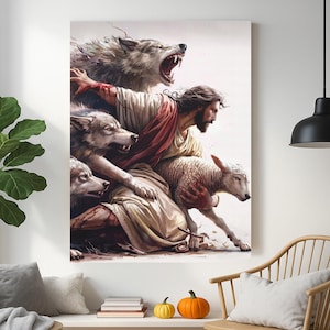 May include: A canvas print depicting a religious scene. A figure in white and red robes is surrounded by wolves and holding a lamb. The artwork has a dramatic, painterly style with a white background.