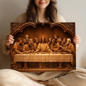 May include: A rectangular wooden wall art piece featuring a detailed relief carving of The Last Supper. The scene depicts thirteen figures seated at a long table, with a central figure surrounded by a halo, all framed by an ornate arched border.