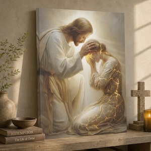 May include: A canvas print depicting a figure in white robes kneeling and placing hands on the head of a person whose body is illuminated by glowing golden cracks. The scene is set against a soft, ethereal light background with a warm glow.